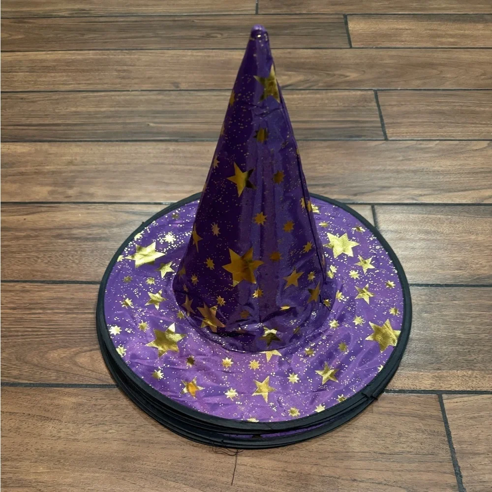 Purple and Gold Star Halloween witch Hats for costume accessories bundle of 8